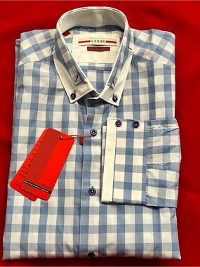 Léger Light Blue & White Checks Casual Button-Down Shirt with original details